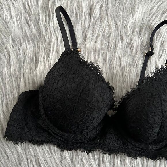 Aerie Push Up Bra Womens Size 34B Black Floral Lace Underwire Back Closure - Picture 2 of 7